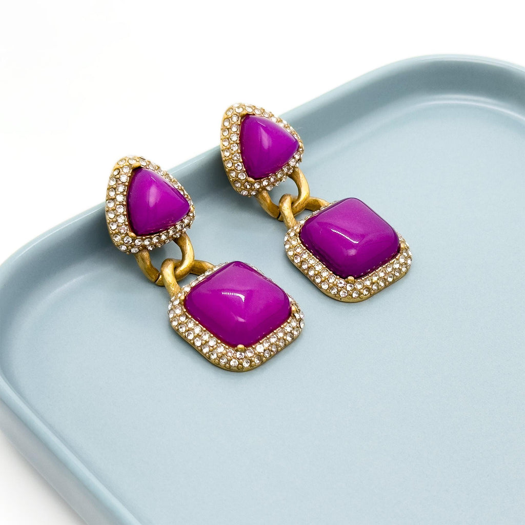 Vintage Art Deco Heart Lock Dangle Earrings with Rhinestones