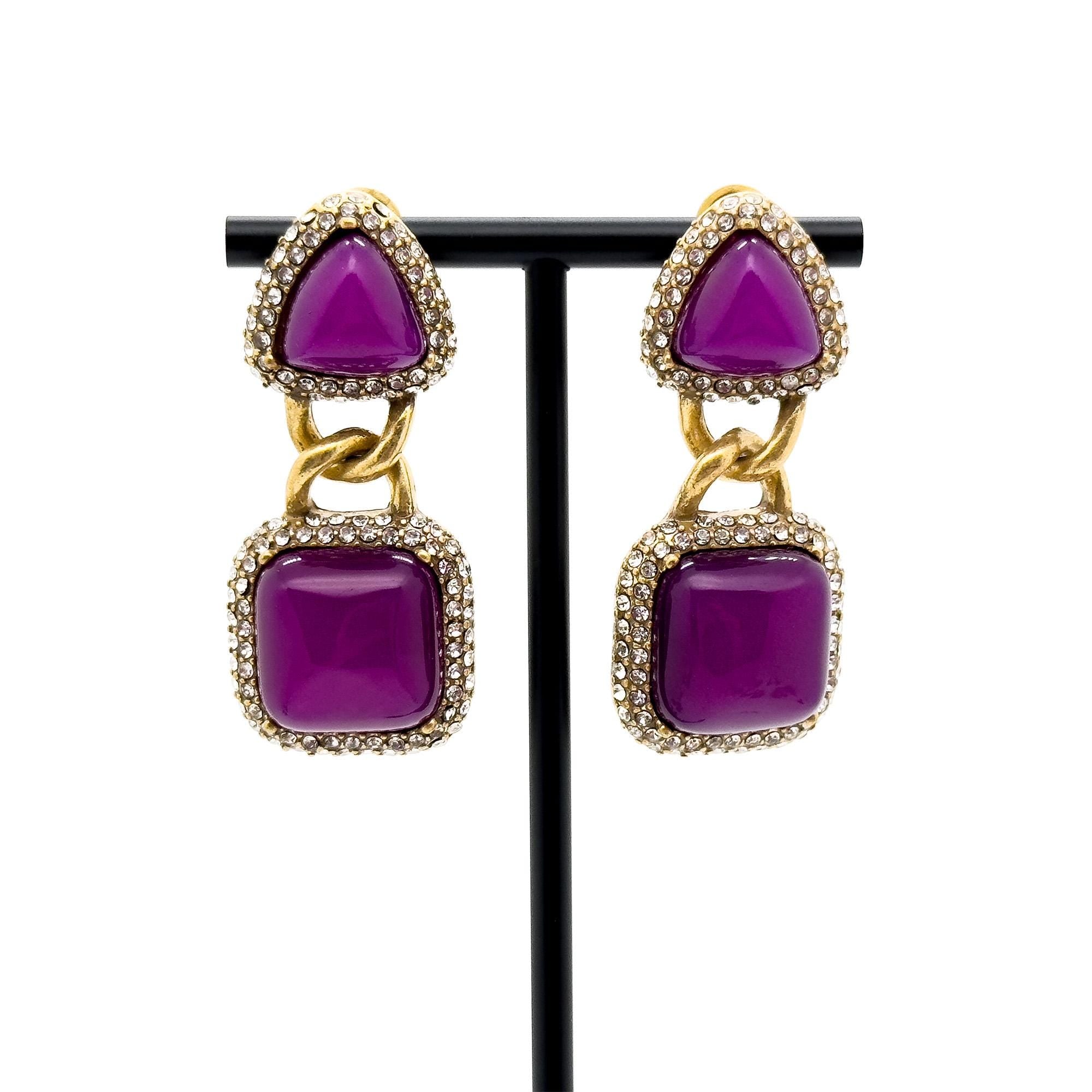 Vintage Art Deco Heart Lock Dangle Earrings with Rhinestones