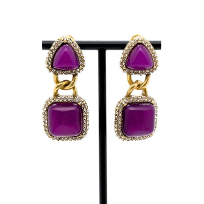 Vintage Art Deco Heart Lock Dangle Earrings with Rhinestones