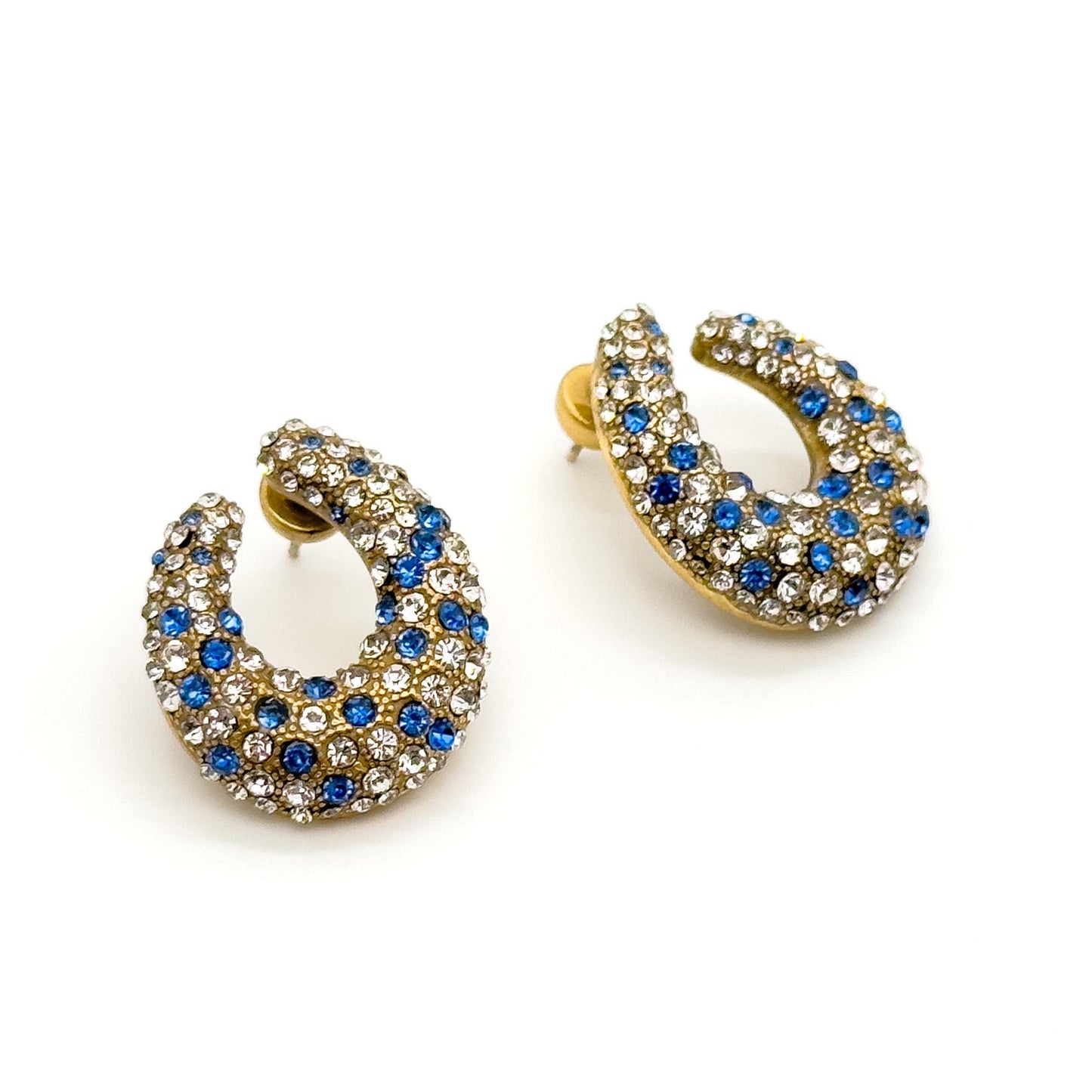 Vintage Art Deco U-Shaped Rhinestone Stud Earrings, 925 Silver Posts