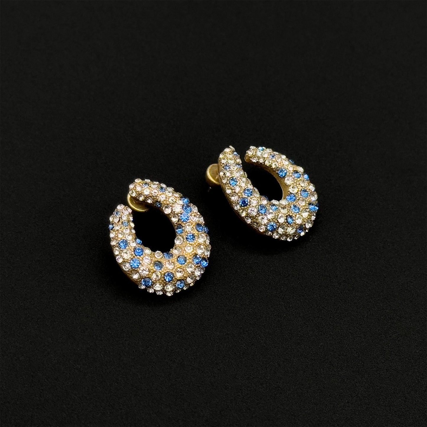 Vintage Art Deco U-Shaped Rhinestone Stud Earrings, 925 Silver Posts