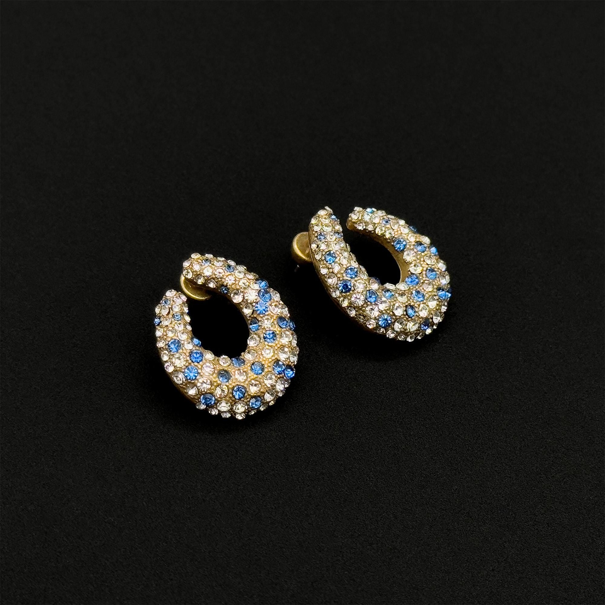 Vintage Art Deco U-Shaped Rhinestone Stud Earrings, 925 Silver Posts