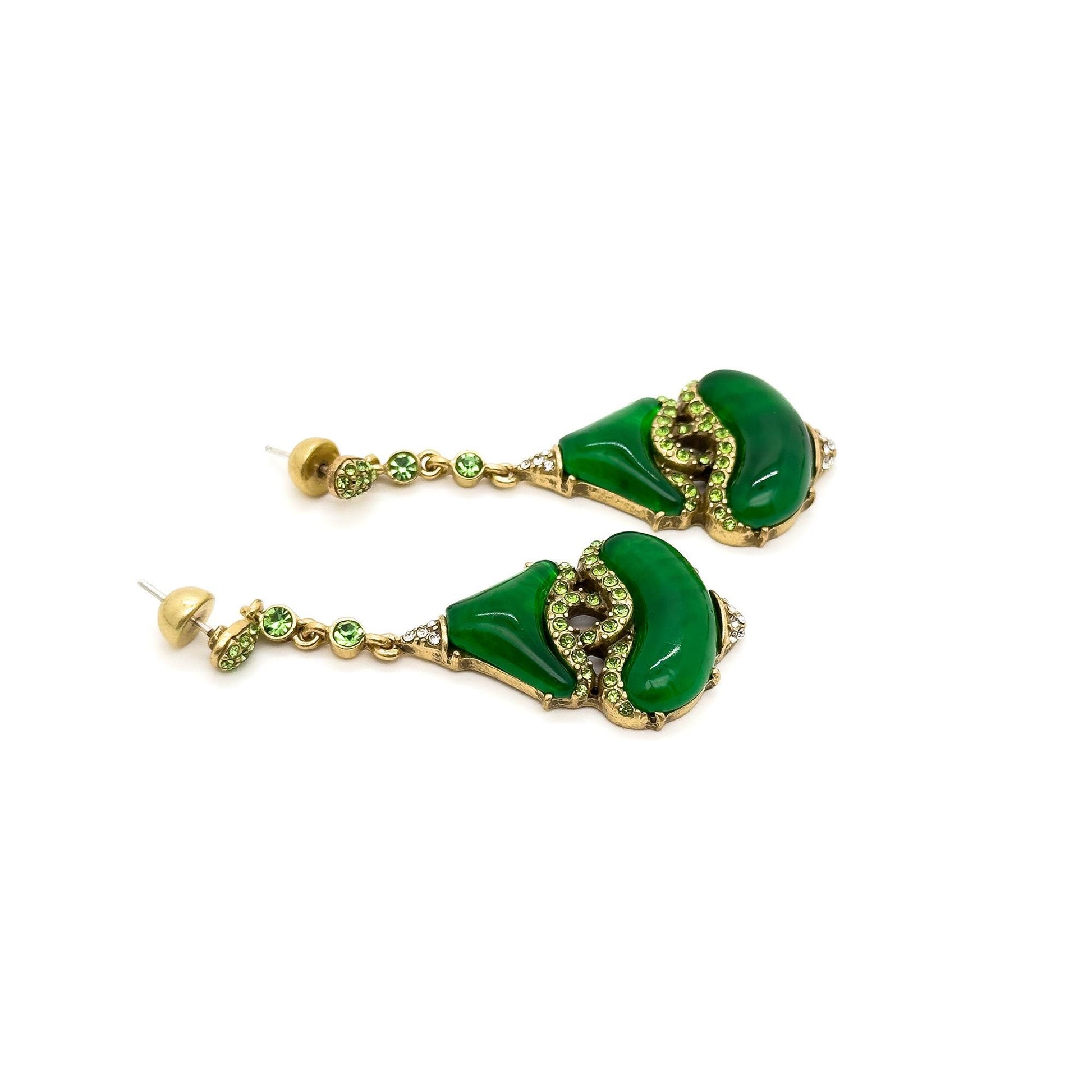 Vintage Art Deco Green Glass Rhinestone Dangle Earrings, 925 Silver