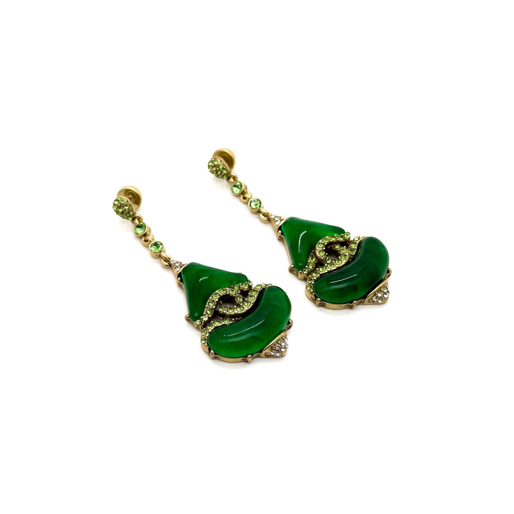 Vintage Art Deco Green Glass Rhinestone Dangle Earrings, 925 Silver