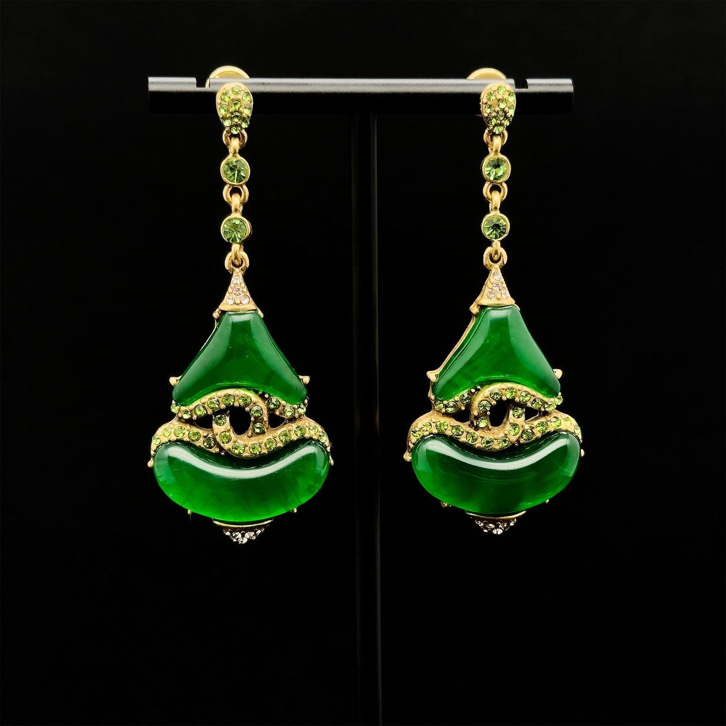 Vintage Art Deco Green Glass Rhinestone Dangle Earrings, 925 Silver