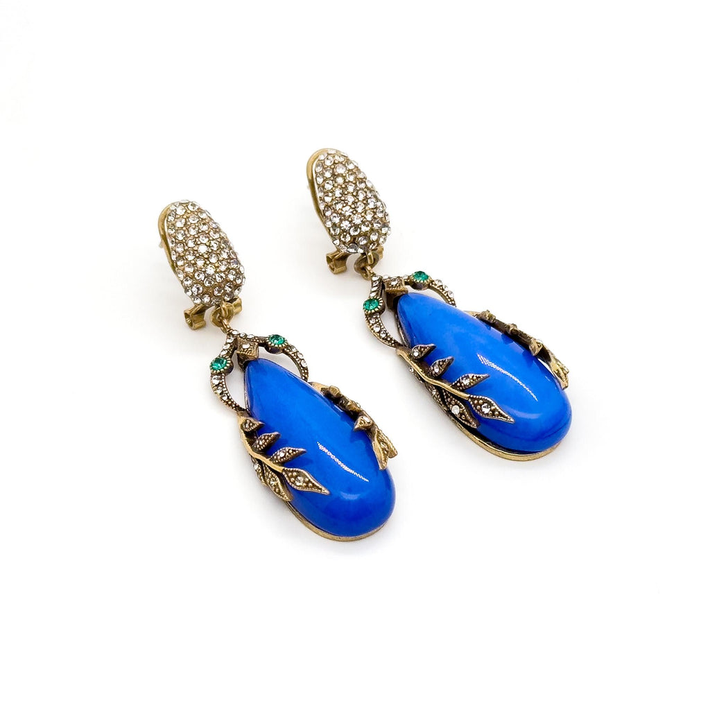 Art Deco Vintage Blue Leaf Dangle Earrings with 925 Silver