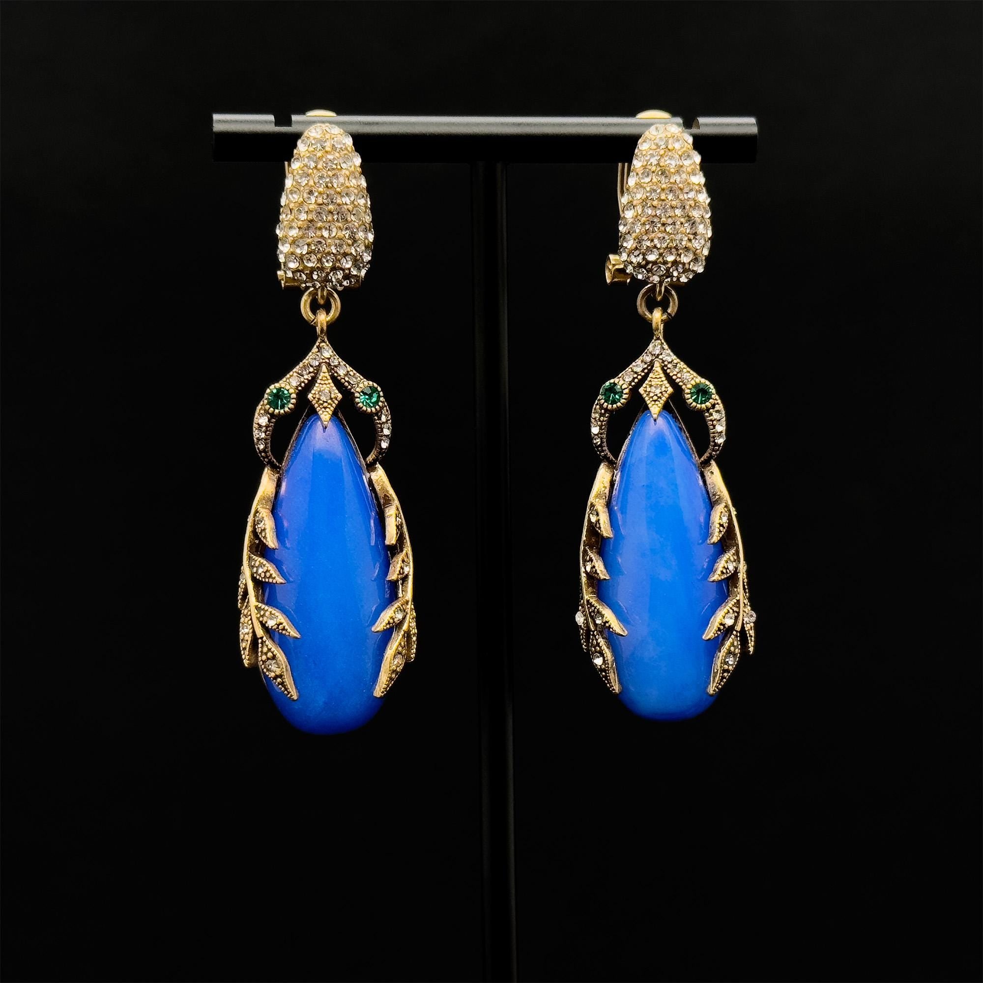 Art Deco Vintage Blue Leaf Dangle Earrings with 925 Silver