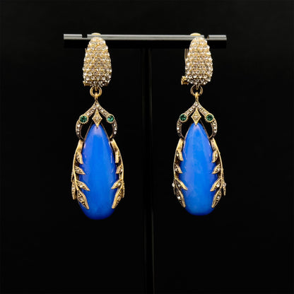 Art Deco Vintage Blue Leaf Dangle Earrings with 925 Silver