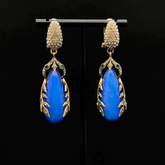 Art Deco Vintage Blue Leaf Dangle Earrings with 925 Silver