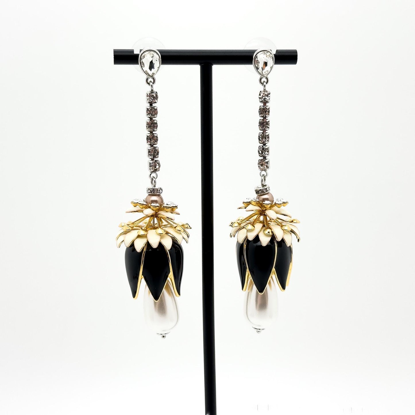 Art Deco Vintage Pearl Rhinestone Flower Drop Earrings, Long Fringe
