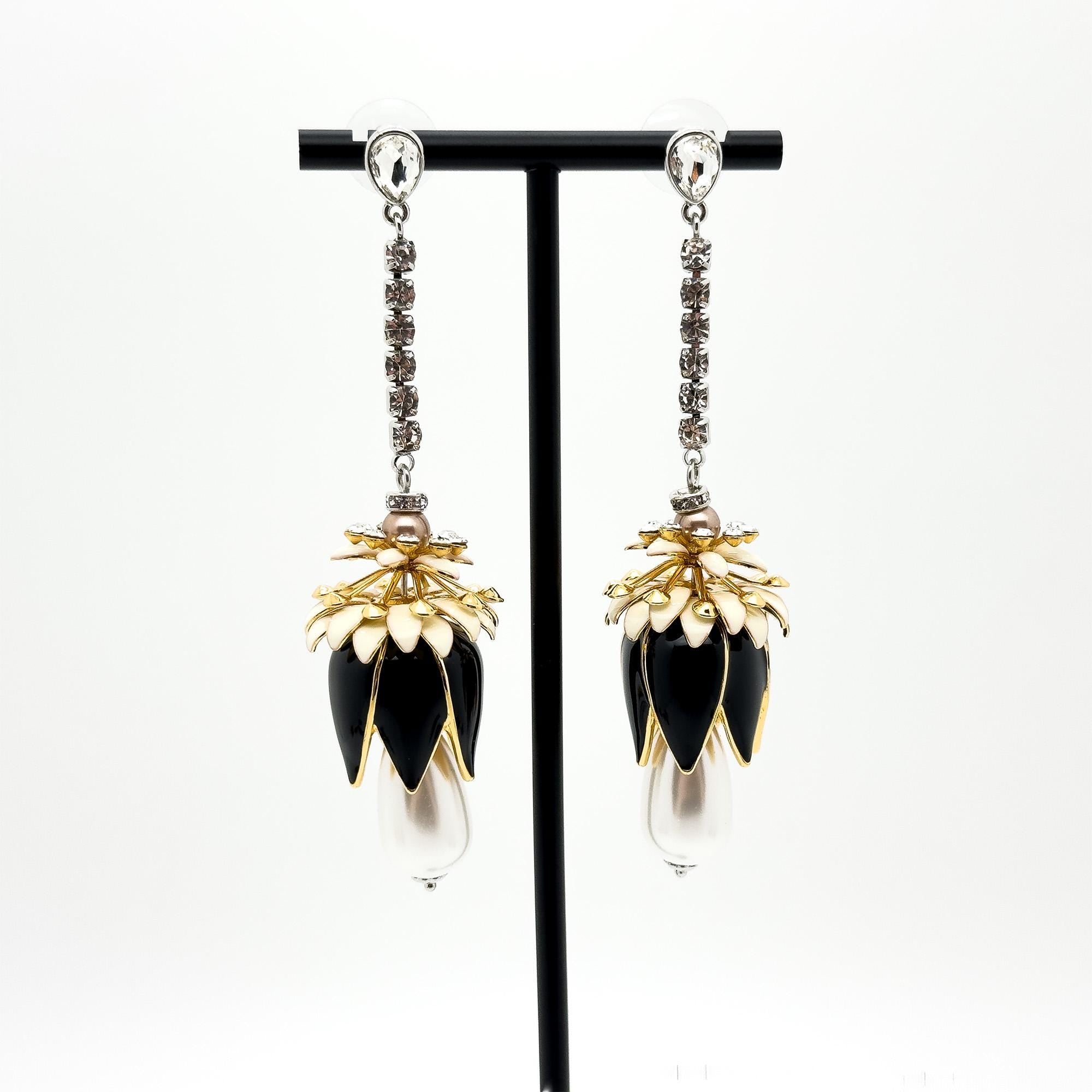 Art Deco Vintage Pearl Rhinestone Flower Drop Earrings, Long Fringe