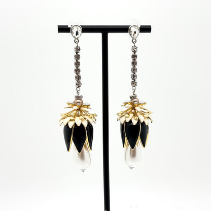 Art Deco Vintage Pearl Rhinestone Flower Drop Earrings, Long Fringe