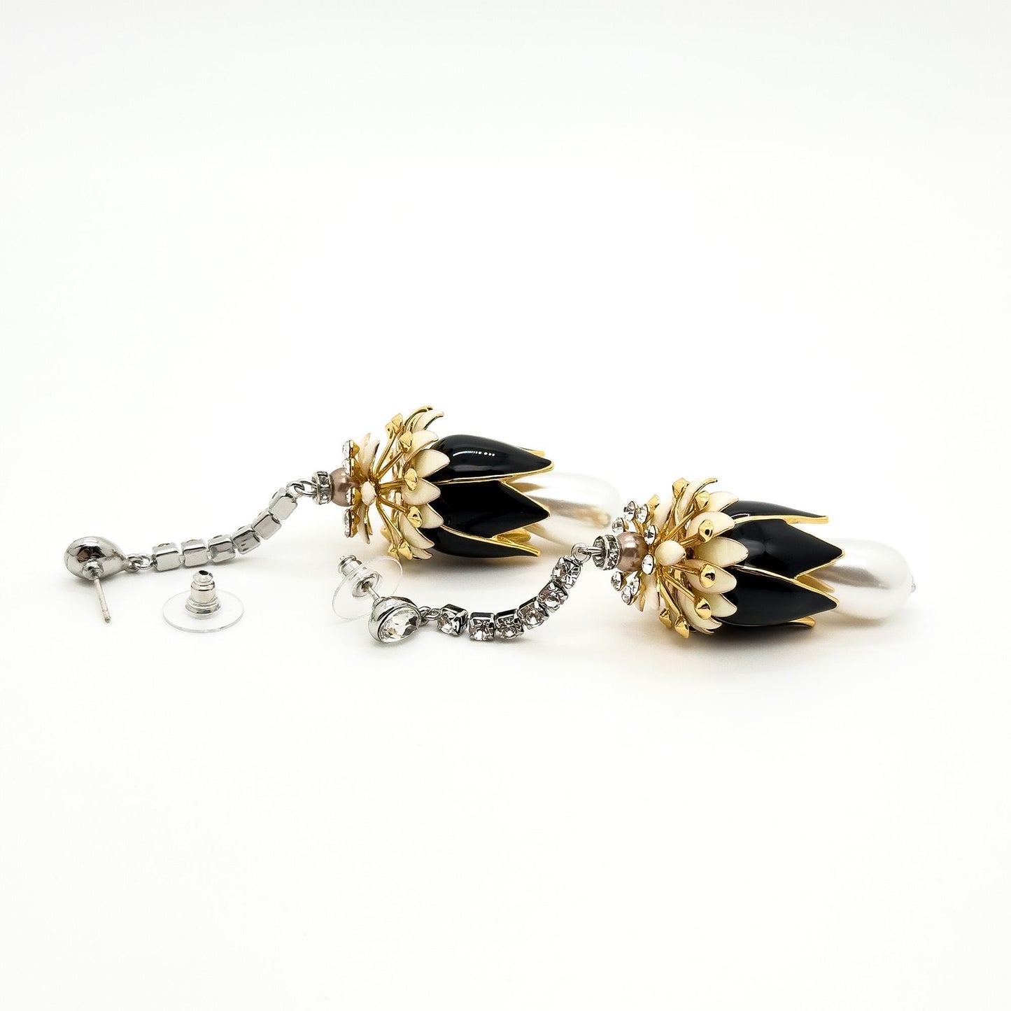 Art Deco Vintage Pearl Rhinestone Flower Drop Earrings, Long Fringe
