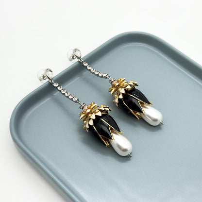 Art Deco Vintage Pearl Rhinestone Flower Drop Earrings, Long Fringe