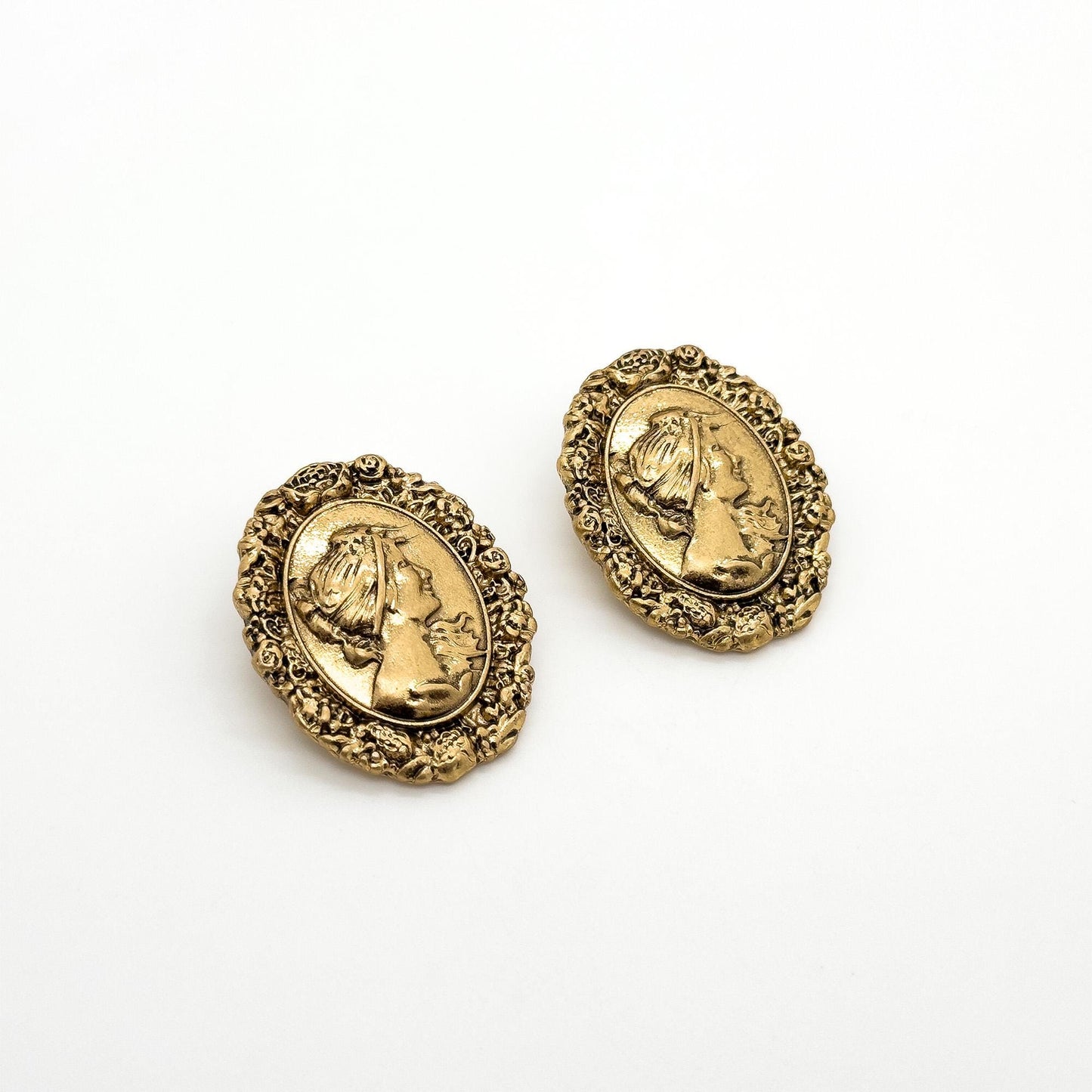 Art Deco Vintage Portrait Relief Copper Stud Earrings, 925 Silver