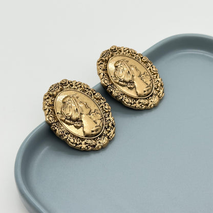 Art Deco Vintage Portrait Relief Copper Stud Earrings, 925 Silver