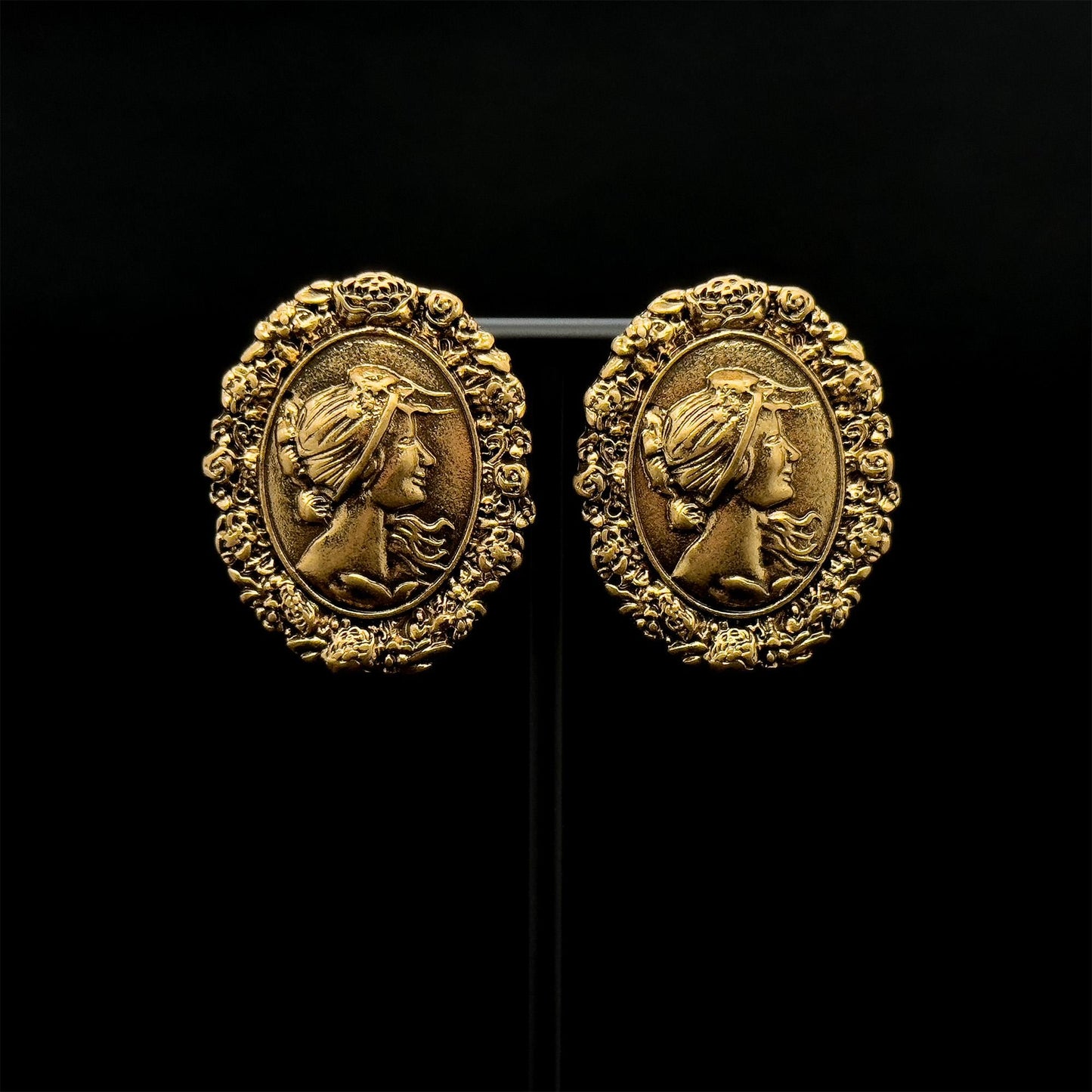 Art Deco Vintage Portrait Relief Copper Stud Earrings, 925 Silver