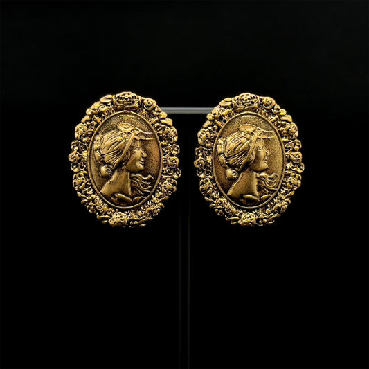 Art Deco Vintage Portrait Relief Copper Stud Earrings, 925 Silver