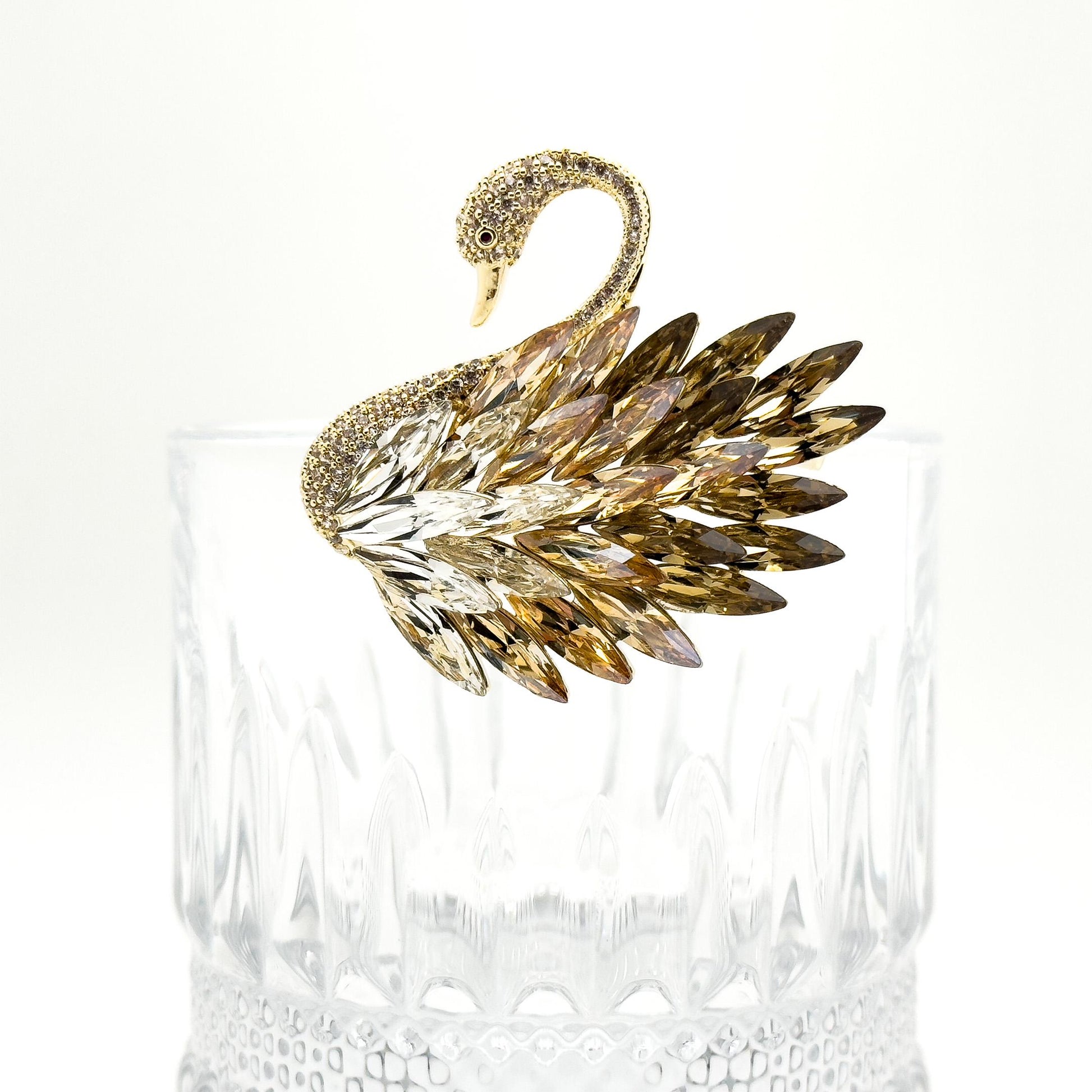 French Vintage Crystal Swan Brooch with Zircon Pearl Accents