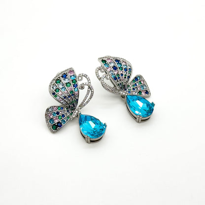 French Vintage Butterfly Stud Earrings with Zircon Copper Detail