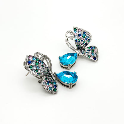 French Vintage Butterfly Stud Earrings with Zircon Copper Detail