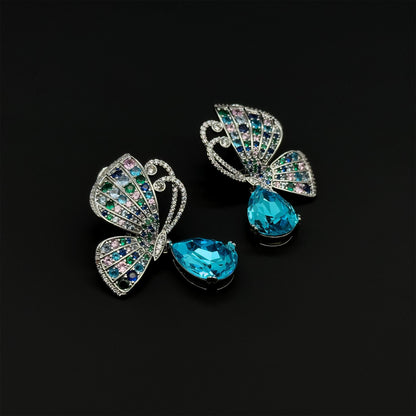 French Vintage Butterfly Stud Earrings with Zircon Copper Detail