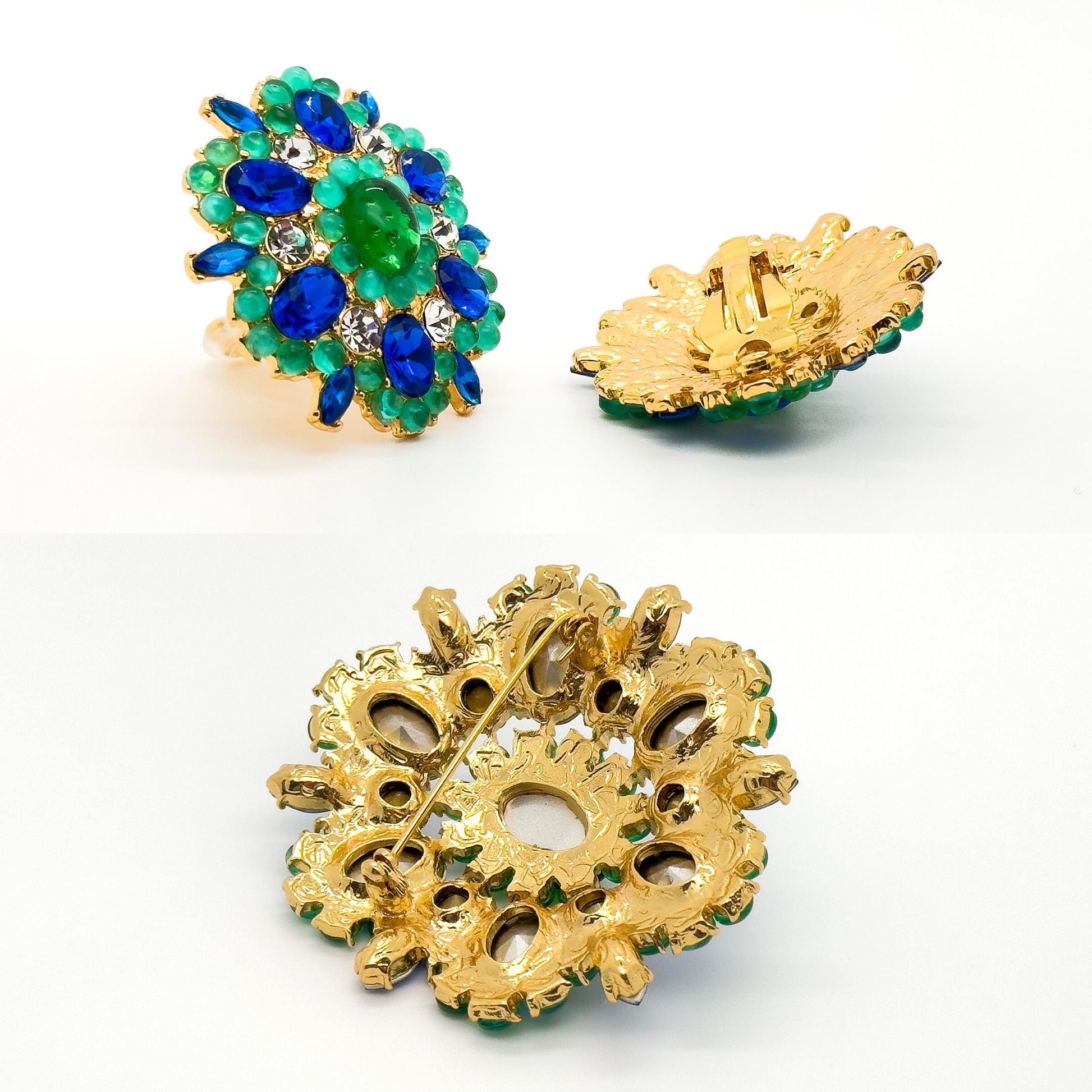 French-Style Blue Flower Brooch with Rhinestones and Gift Box