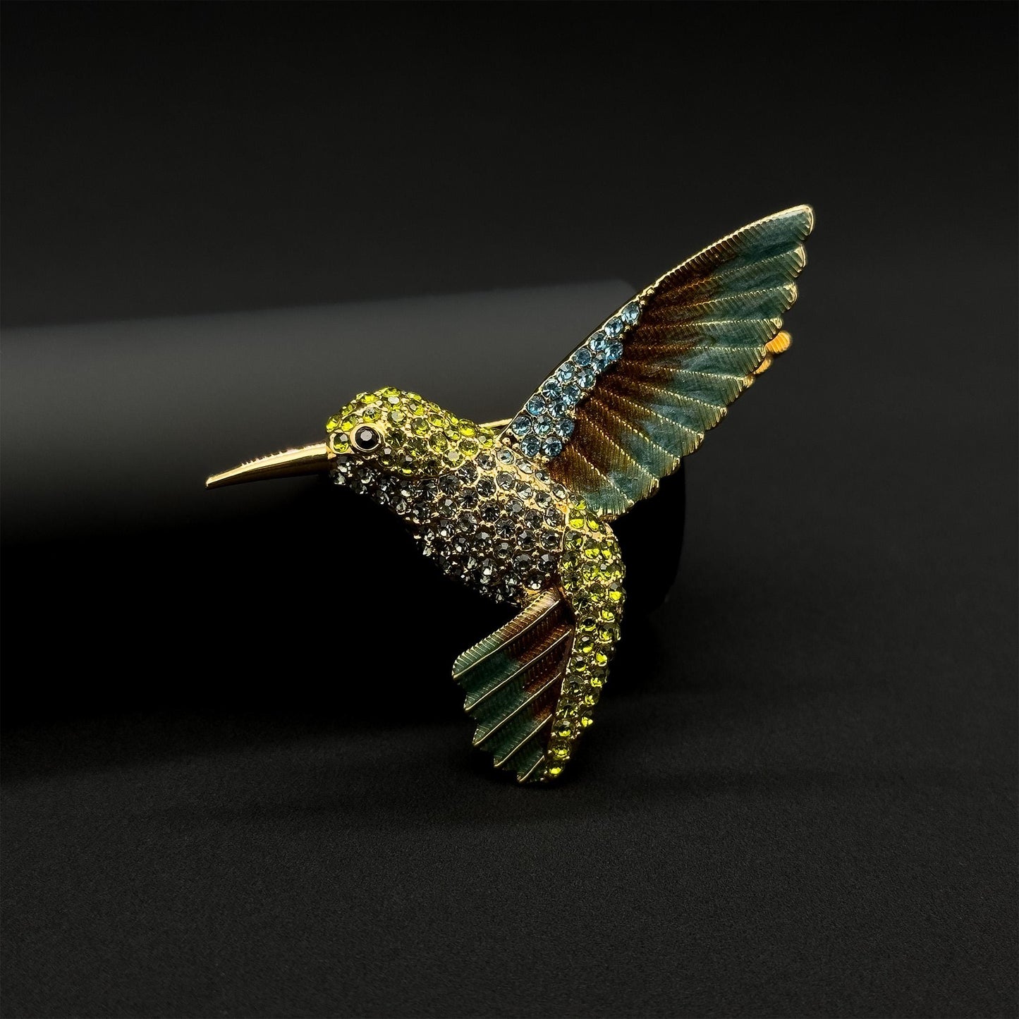 French Vintage Hummingbird Brooch 3D Rhinestone Copper Pin Gift