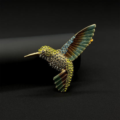 French Vintage Hummingbird Brooch 3D Rhinestone Copper Pin Gift