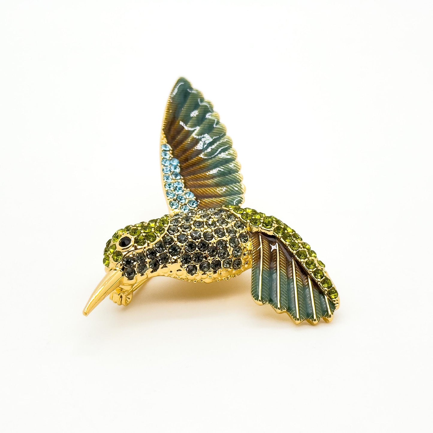 French Vintage Hummingbird Brooch 3D Rhinestone Copper Pin Gift