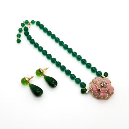 French Vintage Pink Flower Necklace and Earrings Gift Set
