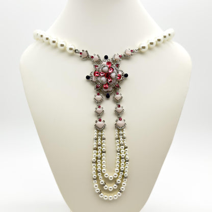 French Vintage Pearl Flower Pendant Necklace and Earrings Set