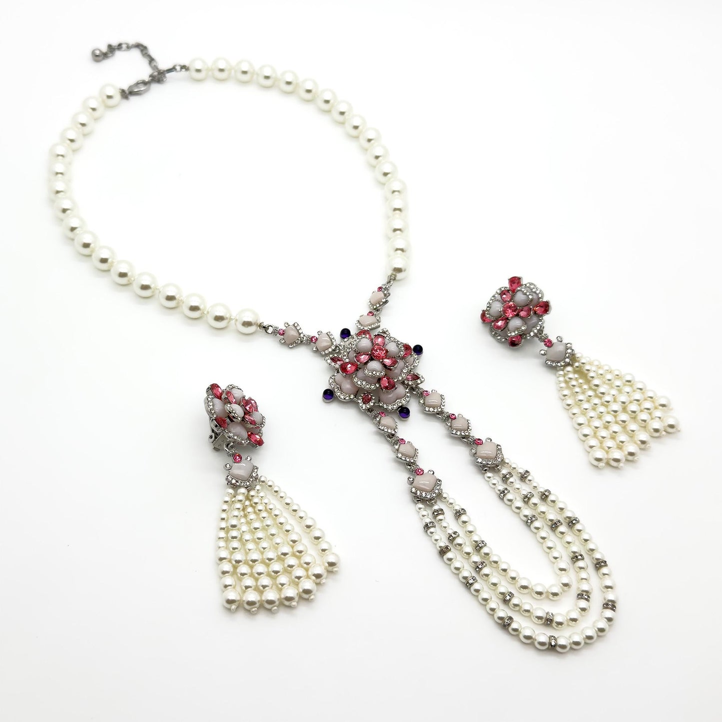 French Vintage Pearl Flower Pendant Necklace and Earrings Set