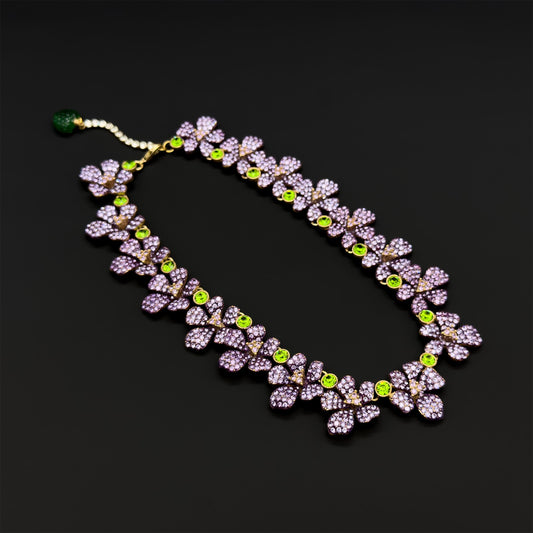 French Vintage Purple Flower Necklace and Earrings Set Pastoral