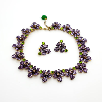 French Vintage Purple Flower Necklace and Earrings Set Pastoral
