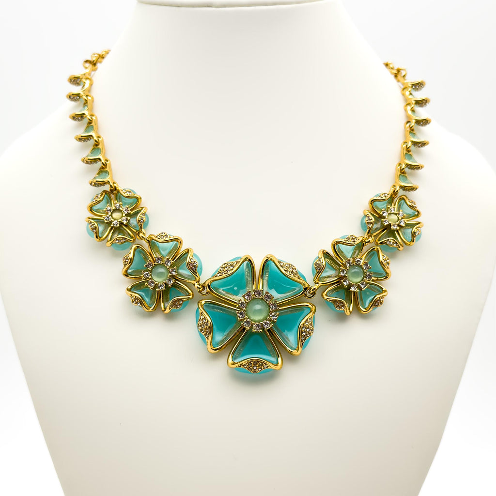 Vintage Palace Blue Flower Crystal Necklace Statement Dress Jewellery