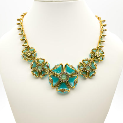 Vintage Palace Blue Flower Crystal Necklace Statement Dress Jewellery