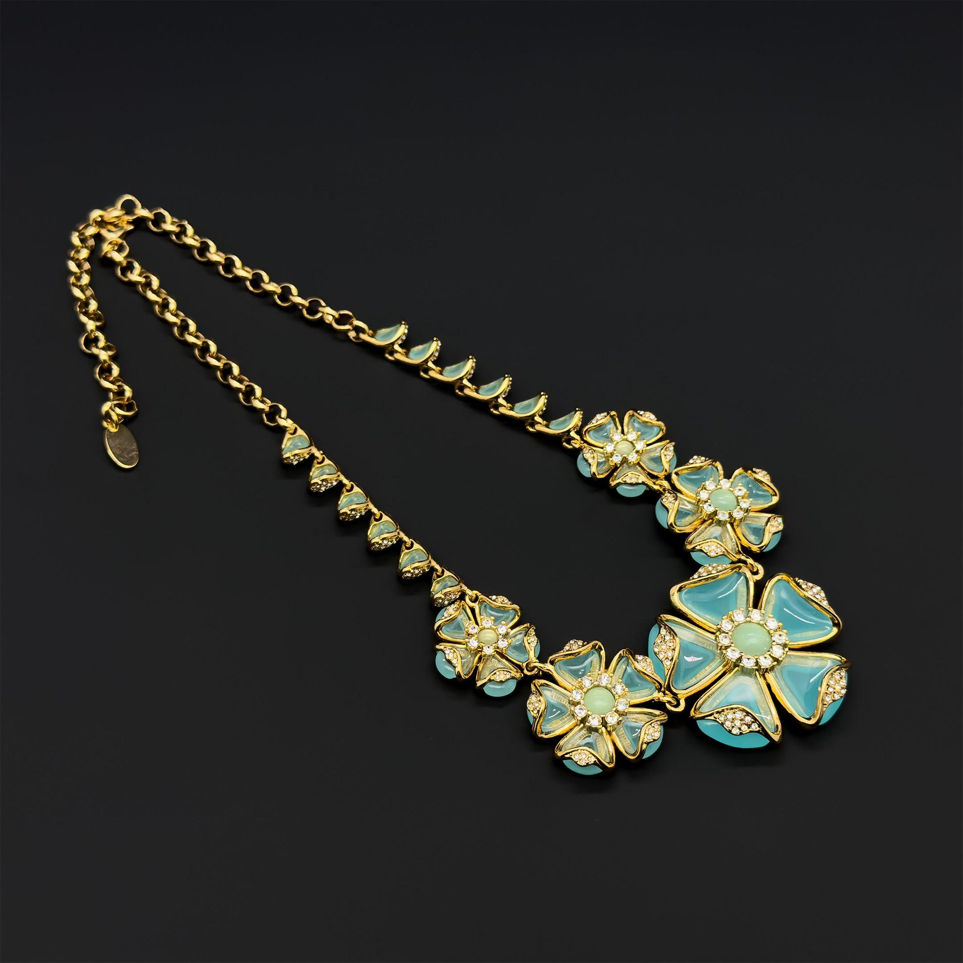 Vintage Palace Blue Flower Crystal Necklace Statement Dress Jewellery
