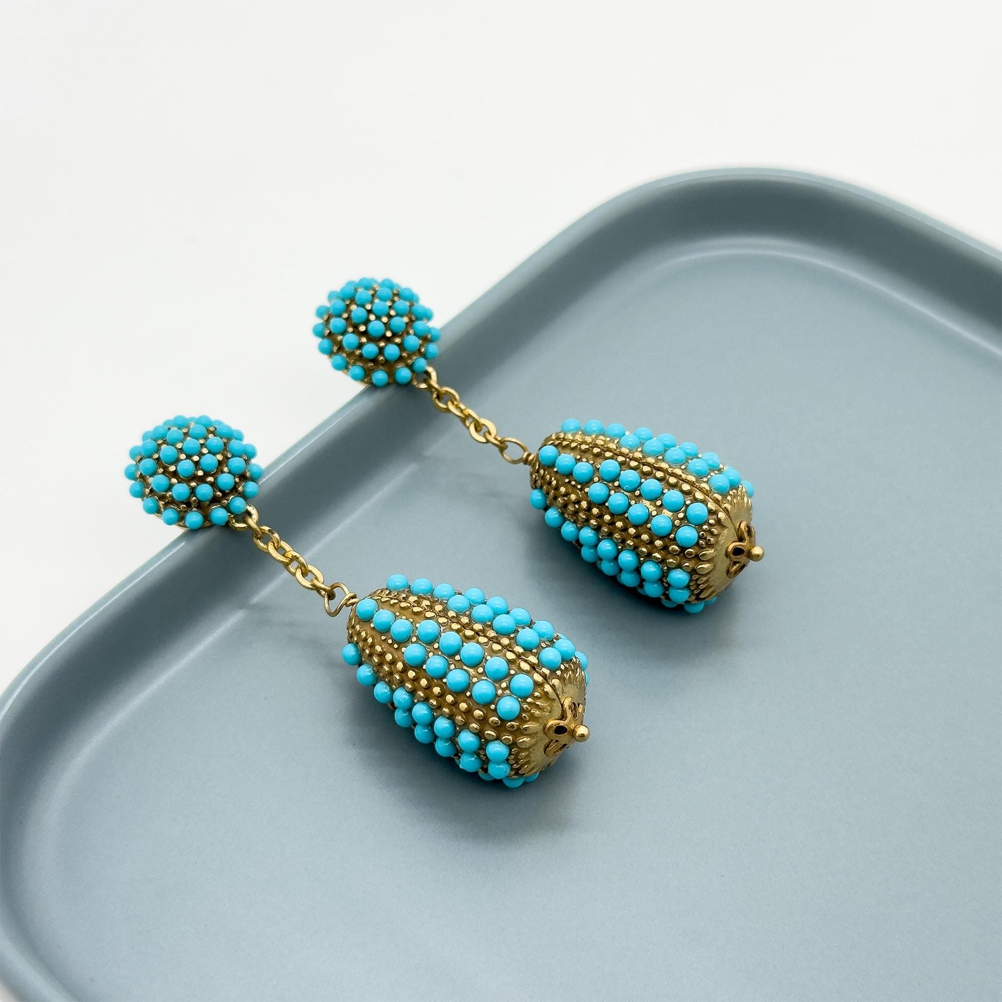 Art Deco Hot Air Balloon Dangle Earrings Blue Stone Accents