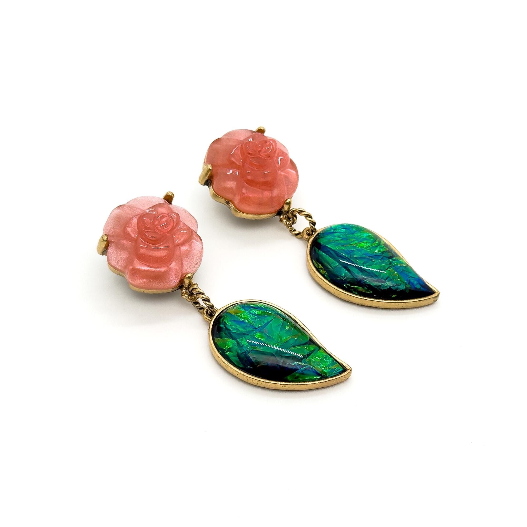 Vintage Art Deco Agate Rose Leaf Drop Earrings