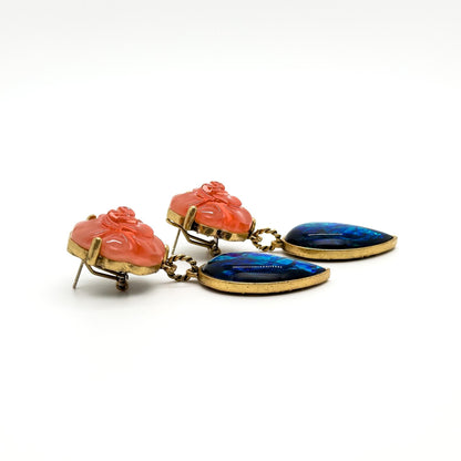 Vintage Art Deco Agate Rose Leaf Drop Earrings