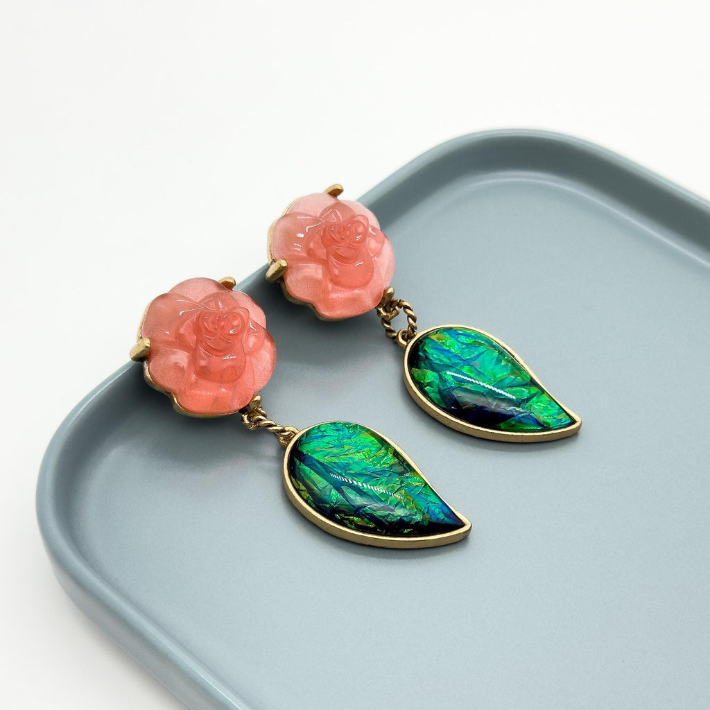 Vintage Art Deco Agate Rose Leaf Drop Earrings