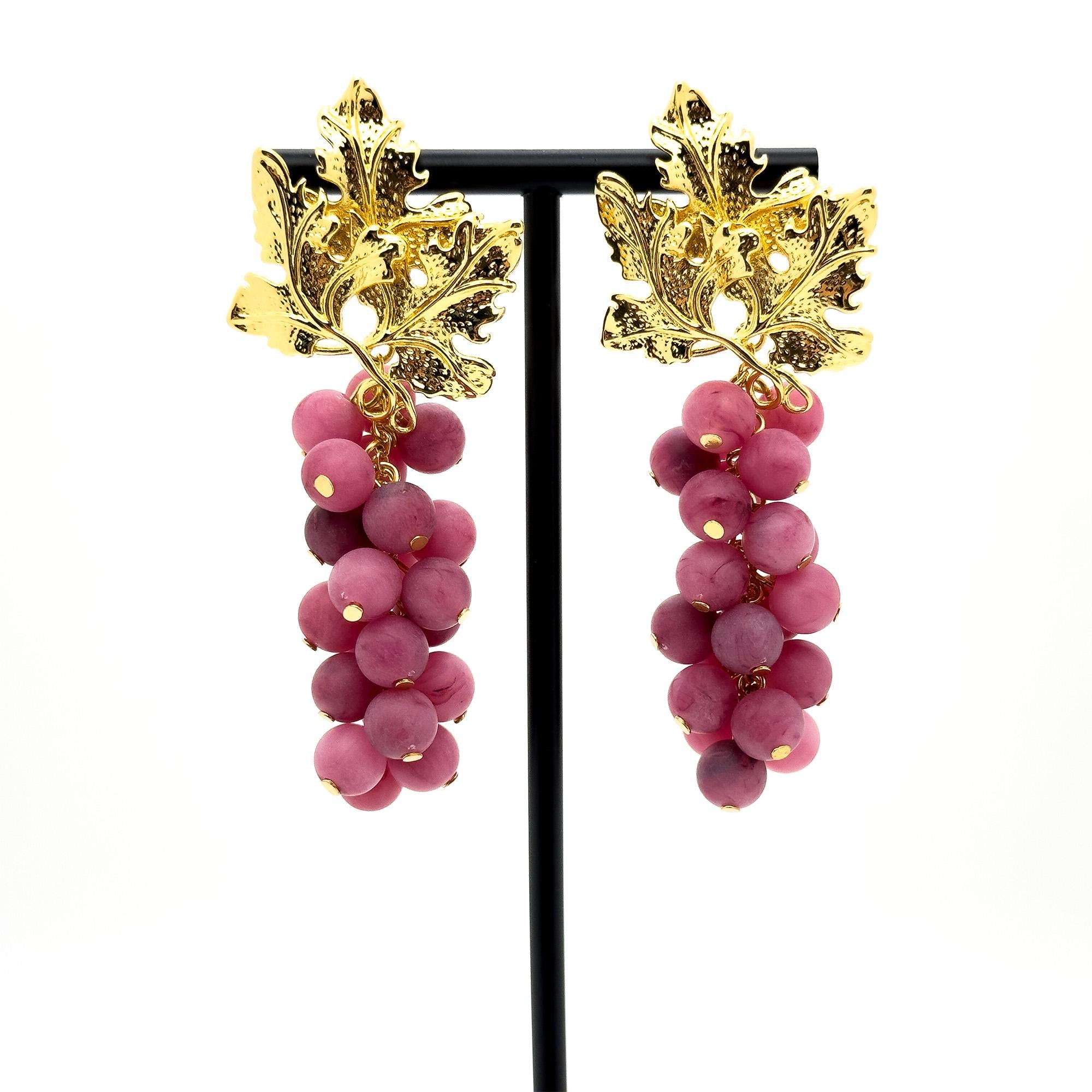 Chic Vintage Art Deco Grape Drop Earrings - Purple Resin & Gold Plated