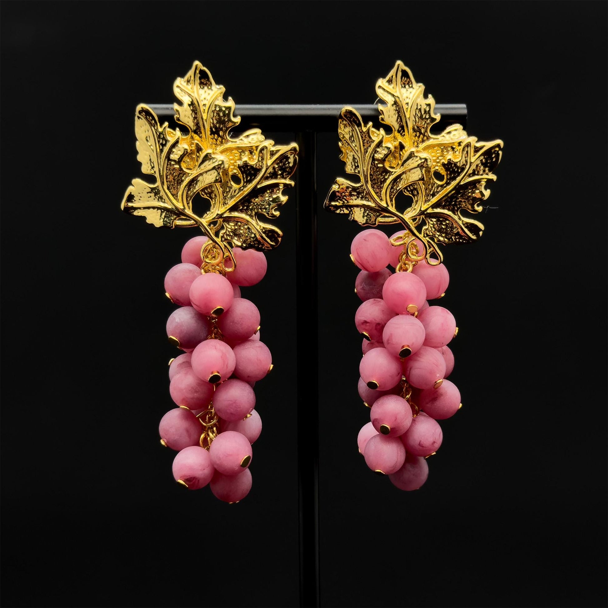 Vintage Art Deco 3D Grape Earrings Purple Beaded Copper Gold-Plated