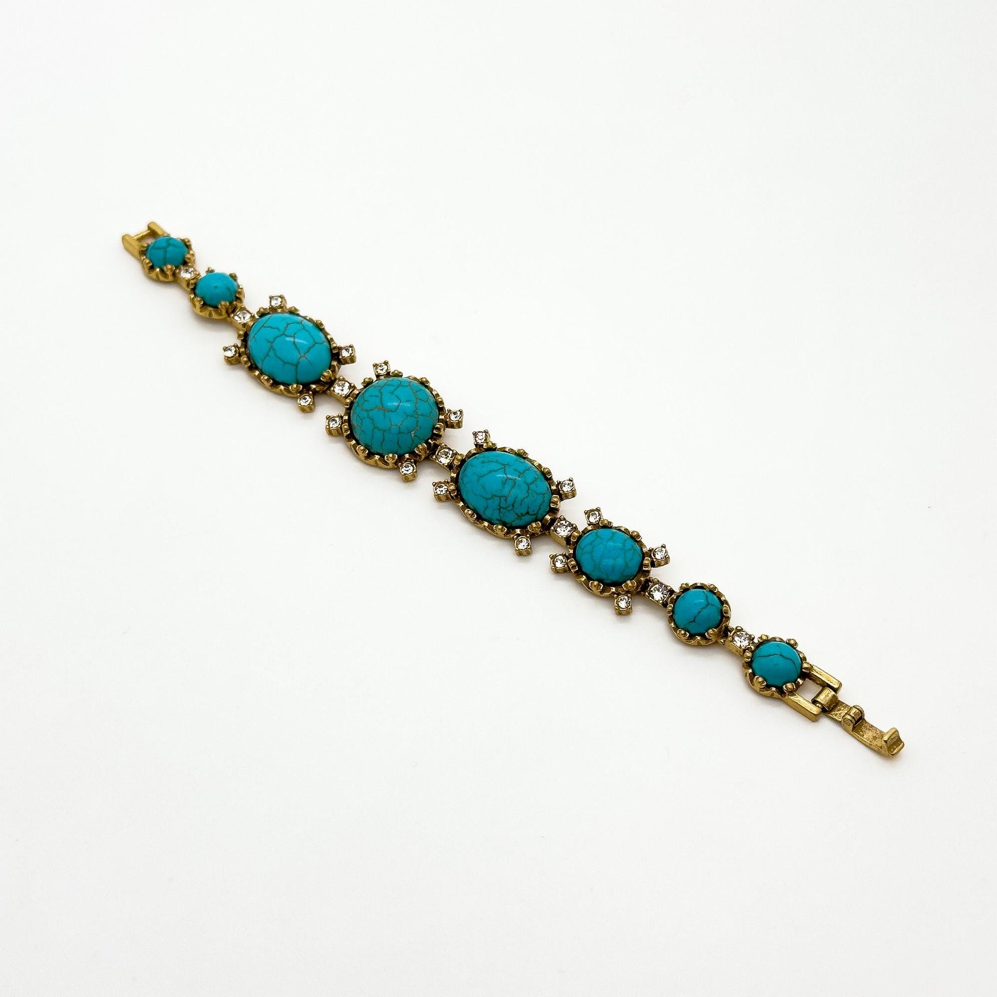 Handcrafted Art Deco Turquoise Rhinestone Bracelet with Copper