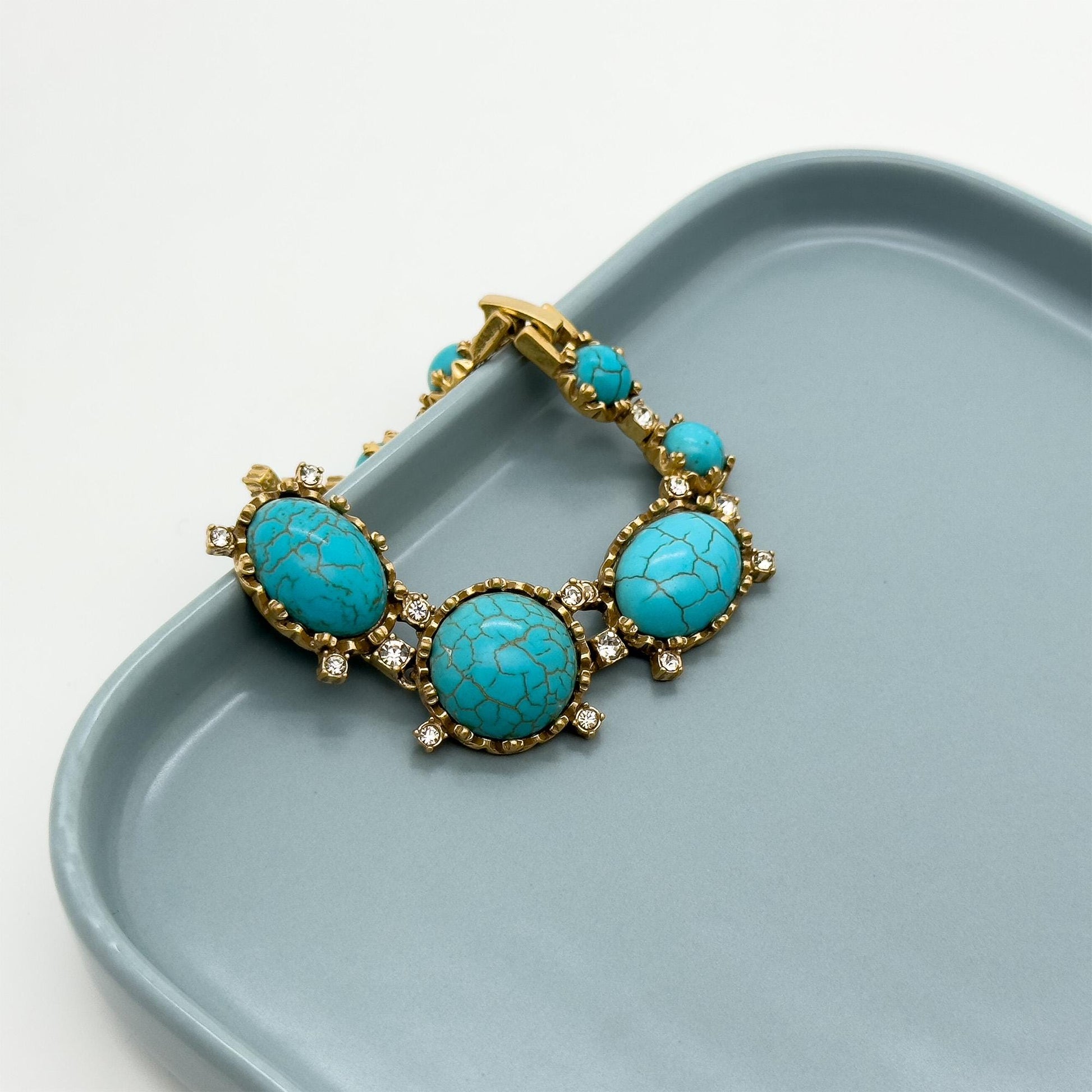 Handcrafted Art Deco Turquoise Rhinestone Bracelet with Copper