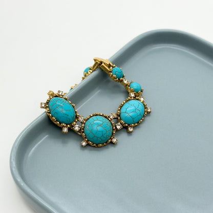 Handcrafted Art Deco Turquoise Rhinestone Bracelet with Copper