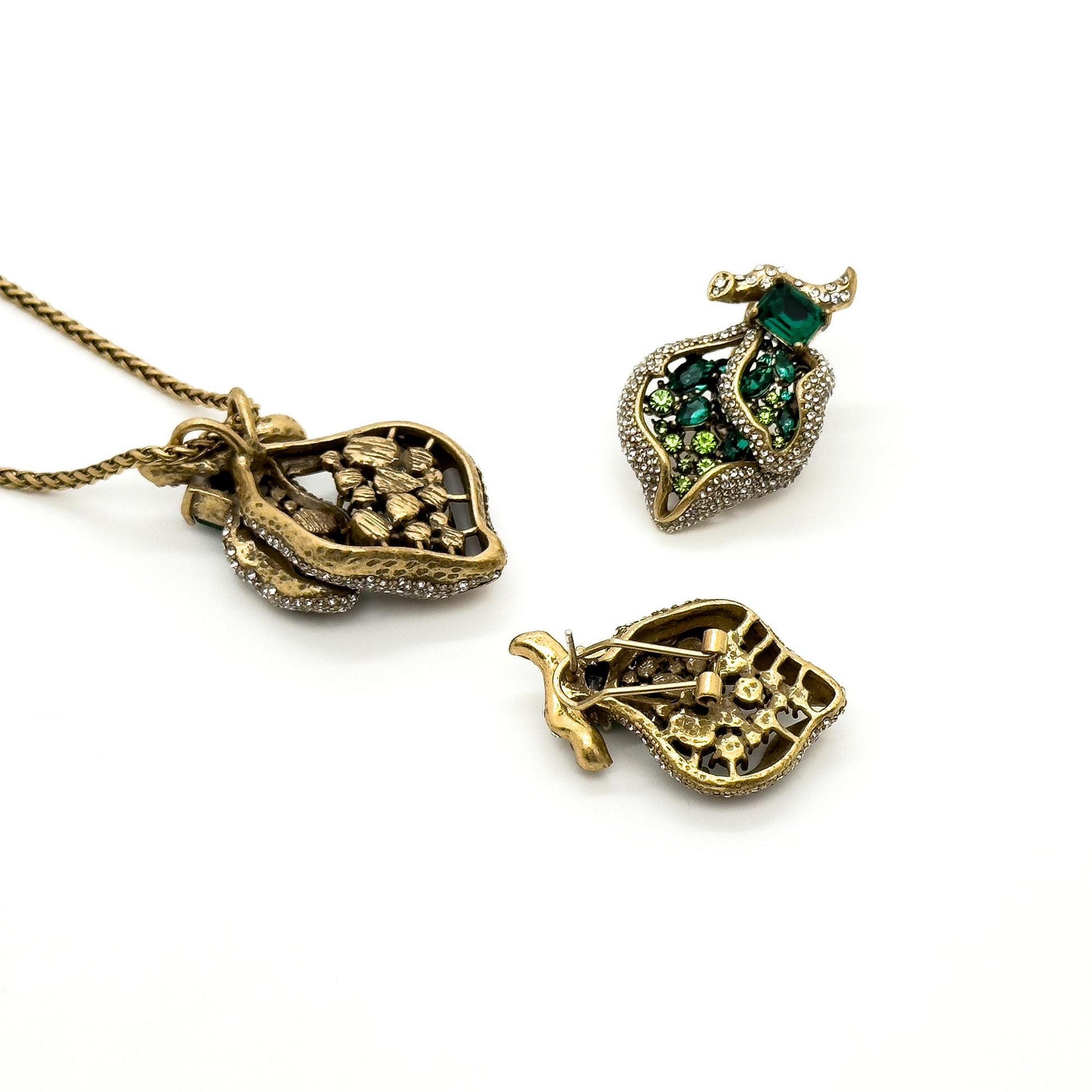 Art Deco Heart Pendant Necklace and Zircon Leaf Earrings Set