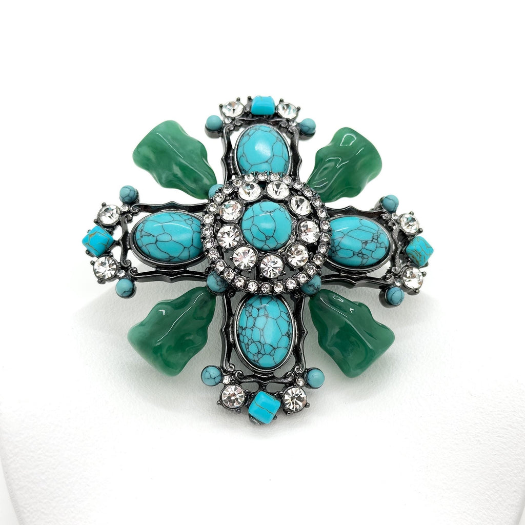 Vintage Art Deco Turquoise Cross Brooch Large Rhinestone Copper Statement