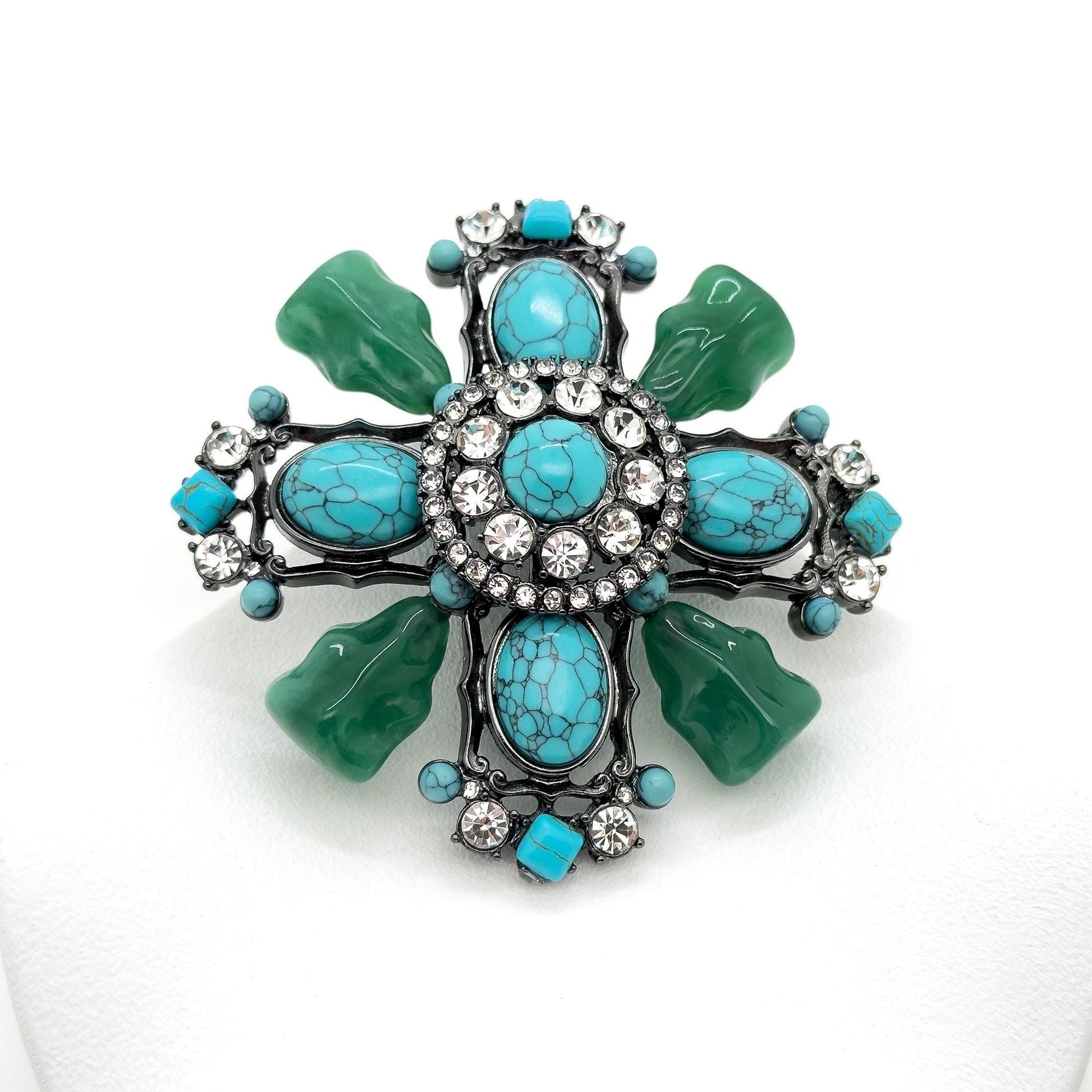 Vintage Art Deco Turquoise Cross Brooch Large Rhinestone Copper Statement